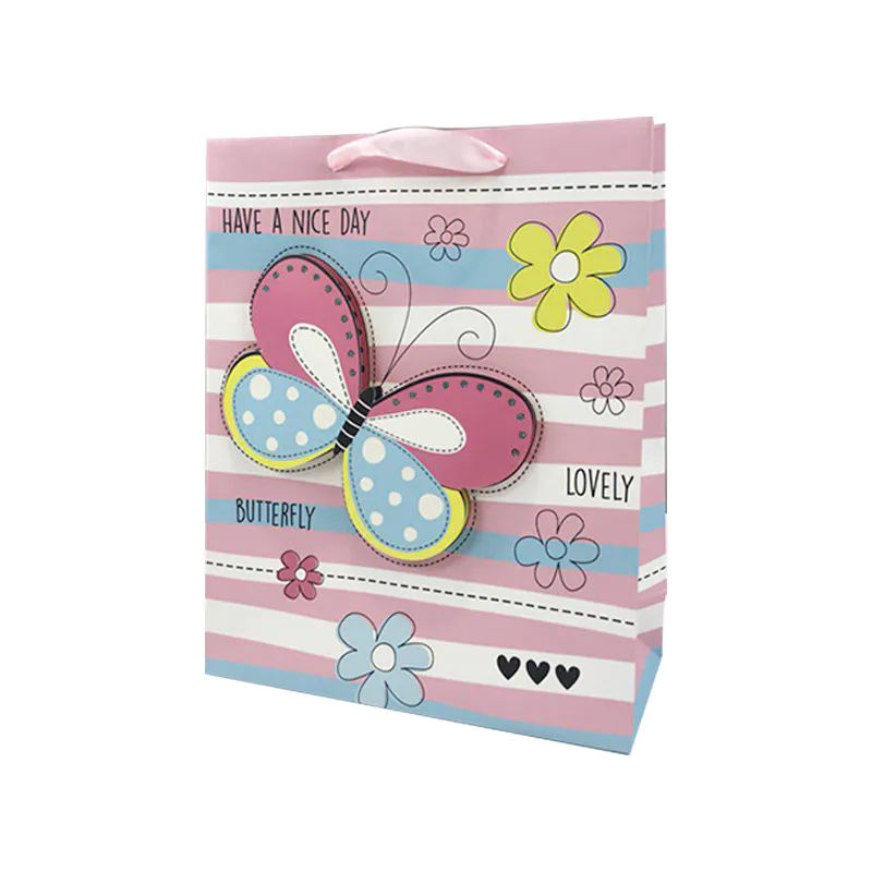 2020 Hot Selling 3D Cartoon Butterfly Flower Ivory Paper Gift bags For Kids With Ribbon Handle