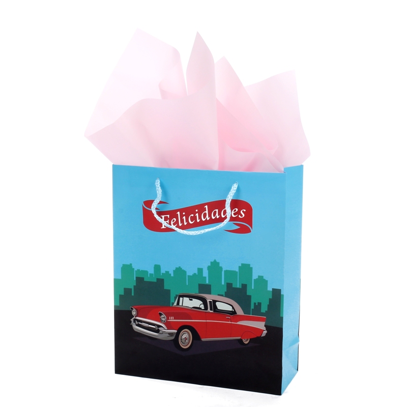 Wholesale High Quality Red Car Cartoon Ivory Paper Gift Bag Wiht Handle For Kids