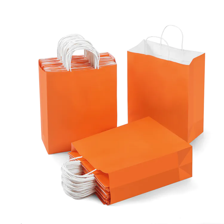 Kraft orange pritning gift paper bag with twisted paper handle wholesale