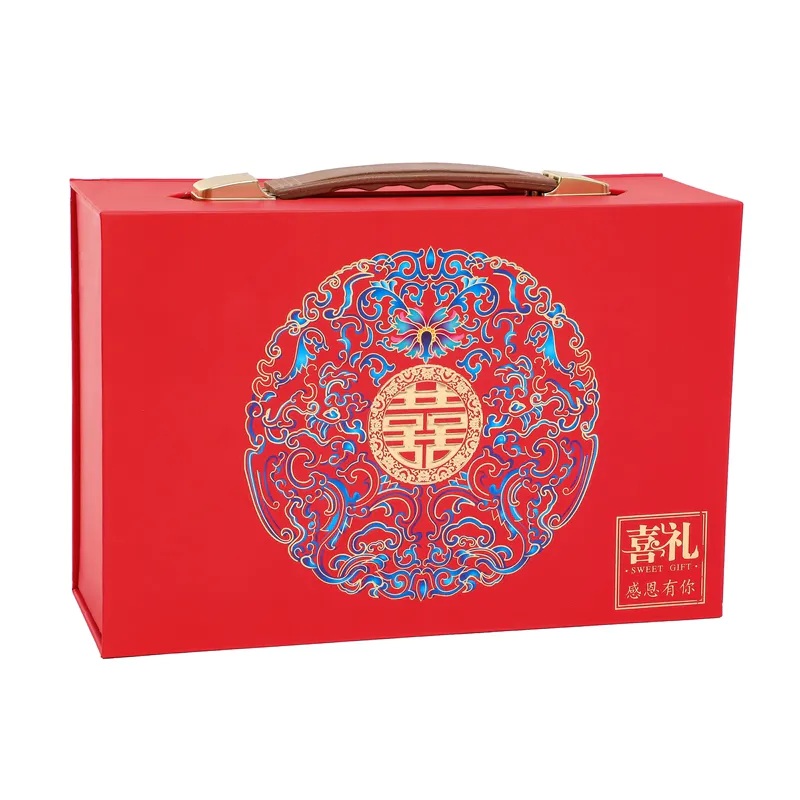 Wholesale High Quality Custom Hot Stamping Chinese Red Style Wedding Gift Paper Box With Handle