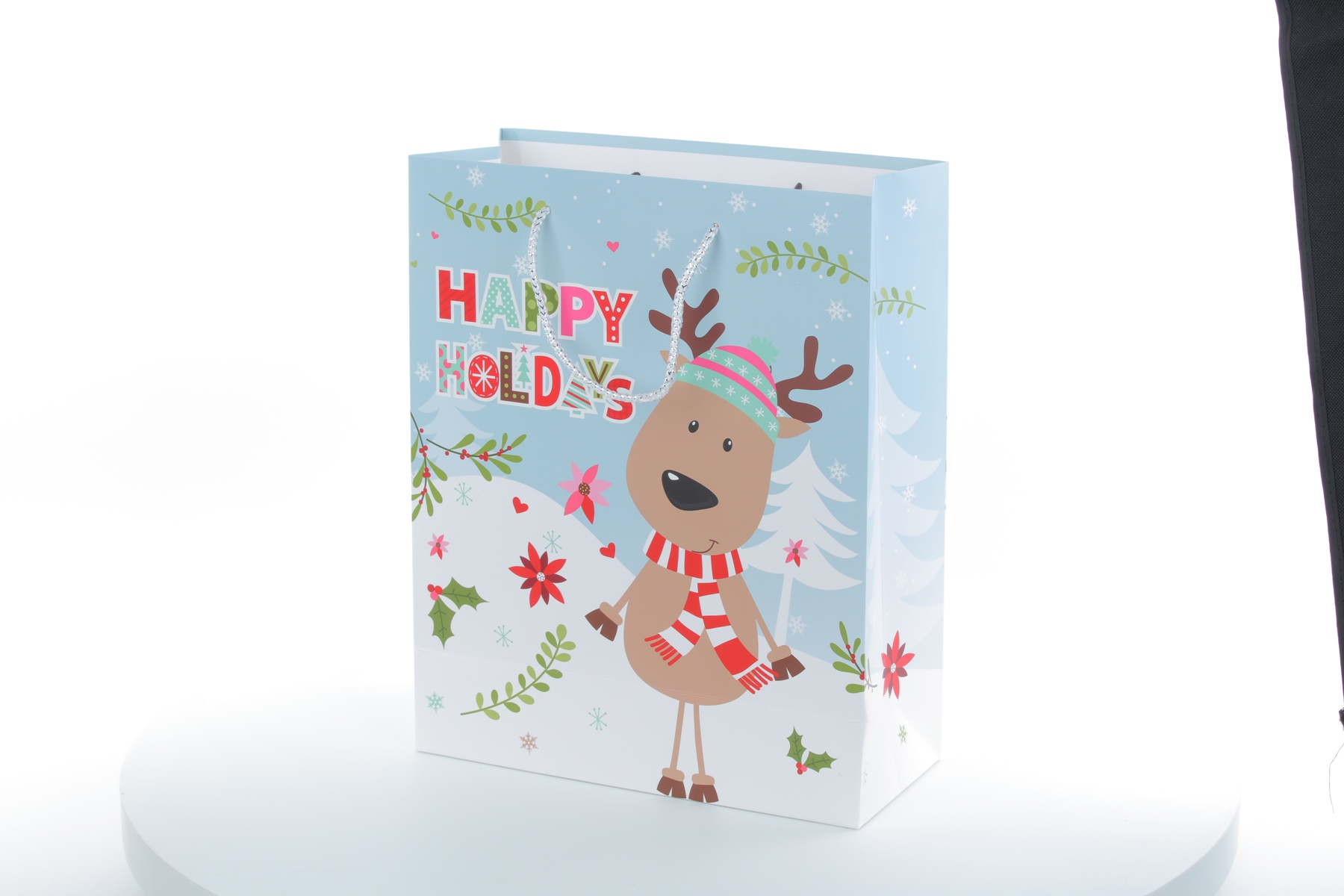 Wholesale Christmas Cute Cartoon Deer Glittering Finishing Gift Paper Bag With Handle
