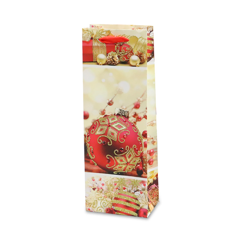 Manufacturer Wholesale Christmas Glittering Wine Paper Bag With Ribbon Handle