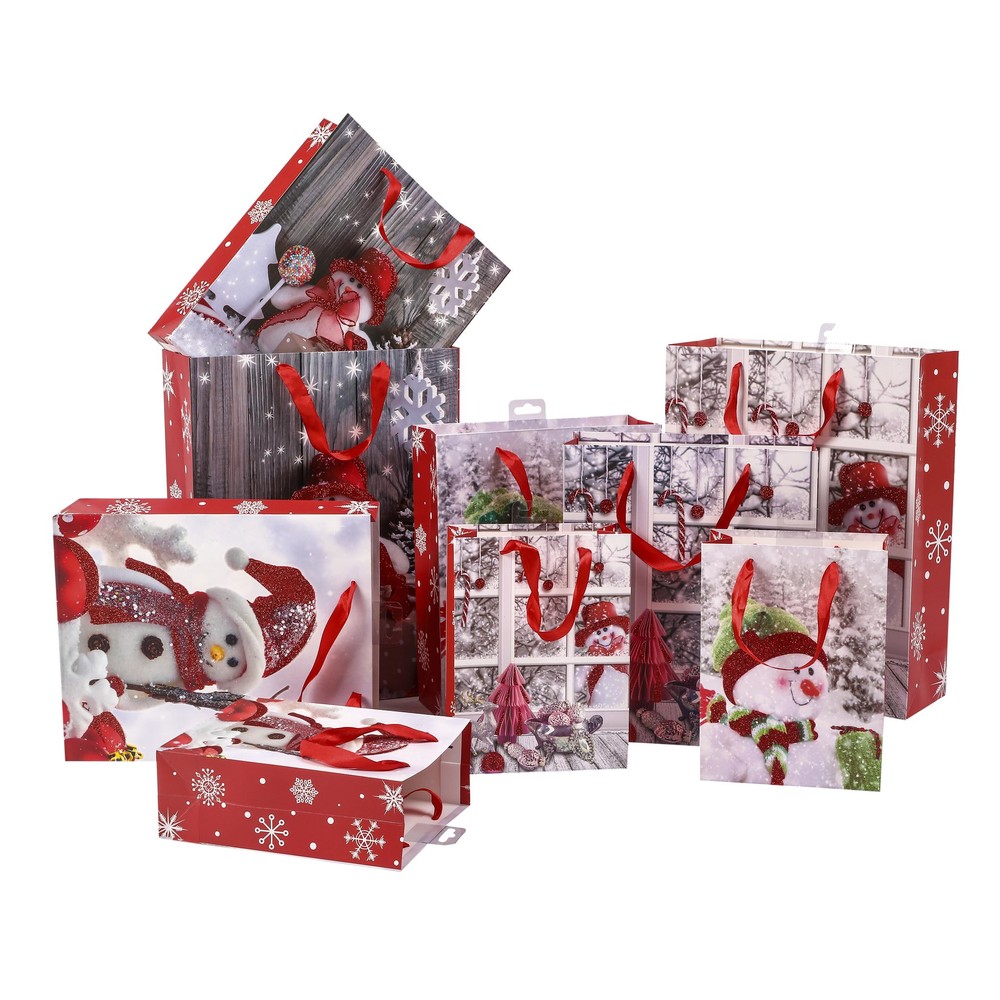 Hot Selling Wholesale Snow Man Glittering Finishing Christmas Ivory Gift Paper Bag With Ribbon Handle
