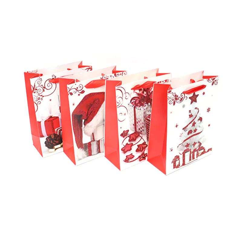 Hot Selling stocking glittering Christmas paper gift Bags with red ribbon handle and eye-let