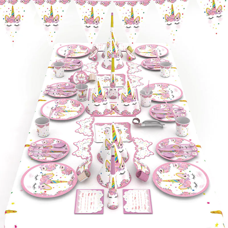 Party decoration wholesale bulk pink unicorn tablewear whole set