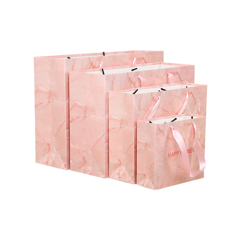 Hot Selling Pink Marbling Pattern Daily Shopping Gift Paper Bag With Ribbon Handle