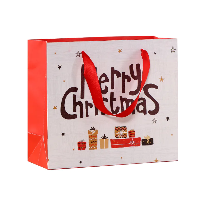Direct factory merry chrismas gift paper bag with ribbon handle