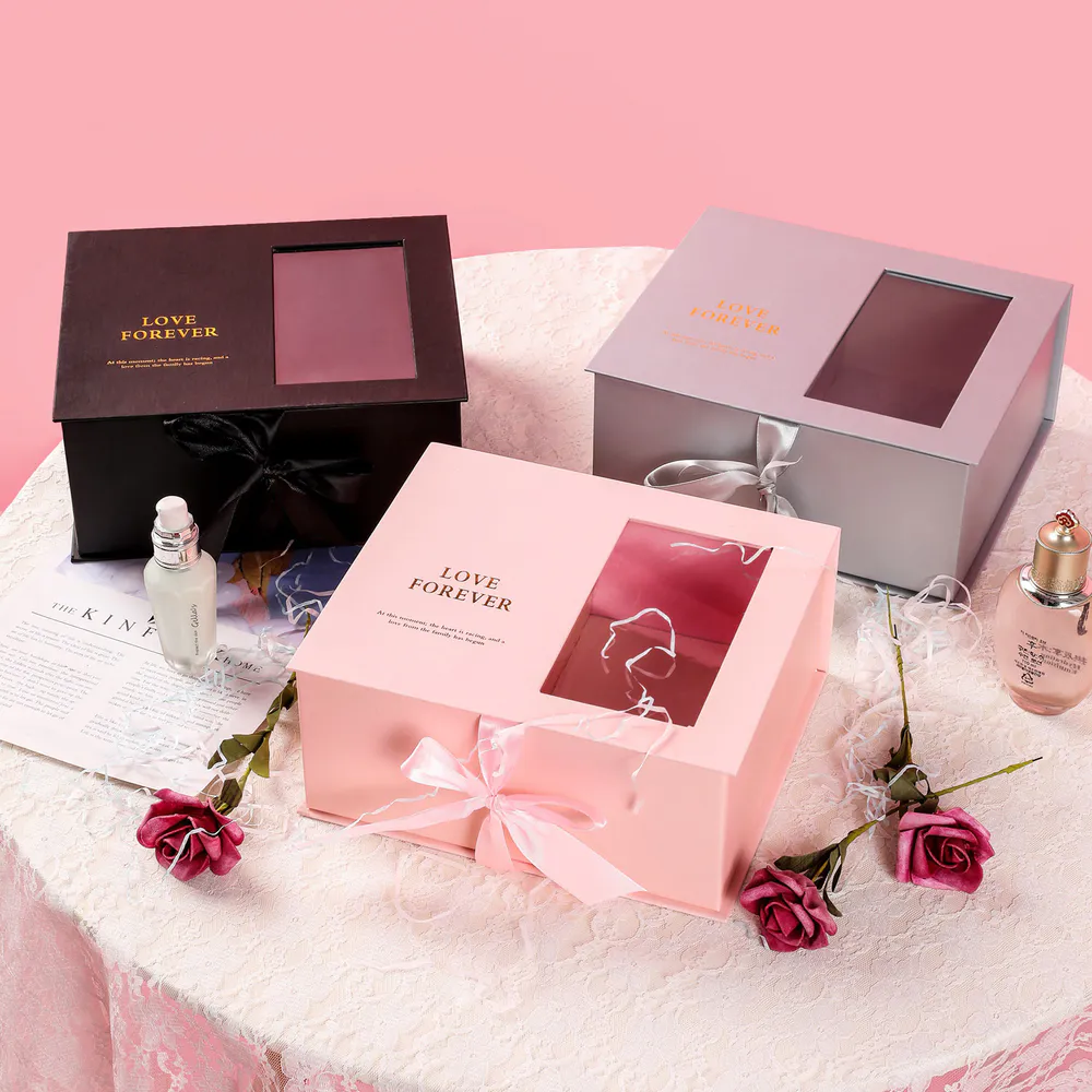 Exquisite PVC Open-window Ribbon Bowtie Gift Box with Hot Stamping Blessing Words