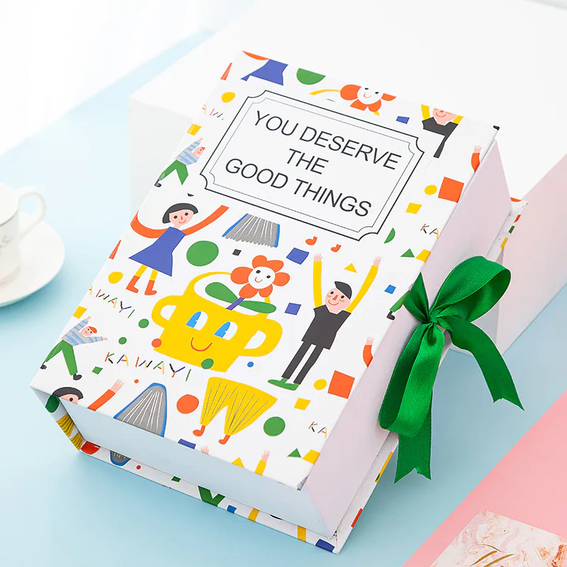 Customized book-shaped flip-top gift box with ribbon