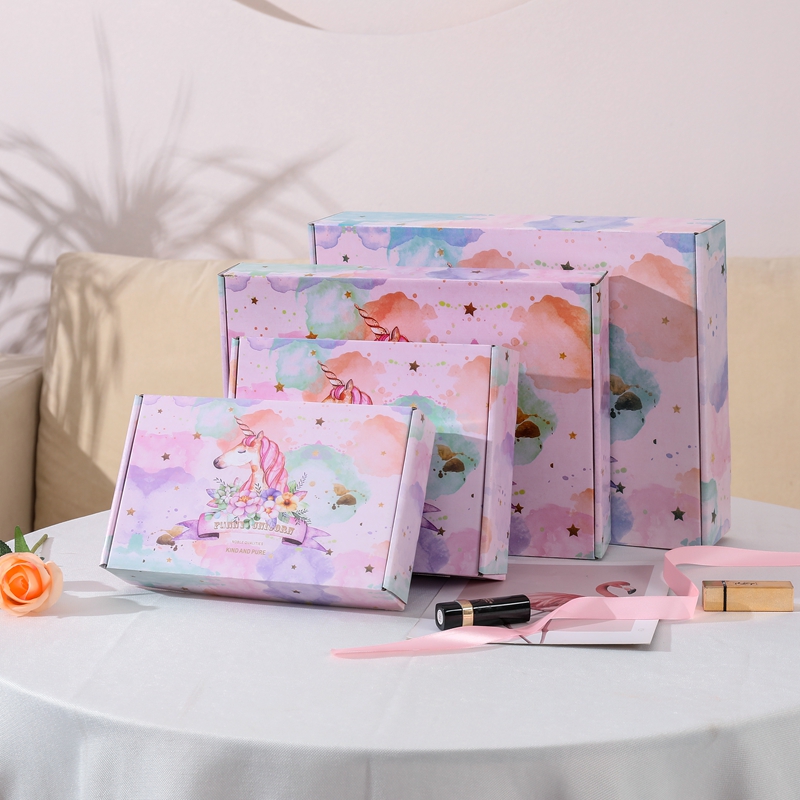 Caja de Papel Corrugado De Alta Calidad Con Impresión Colorida Rosa Unicornio