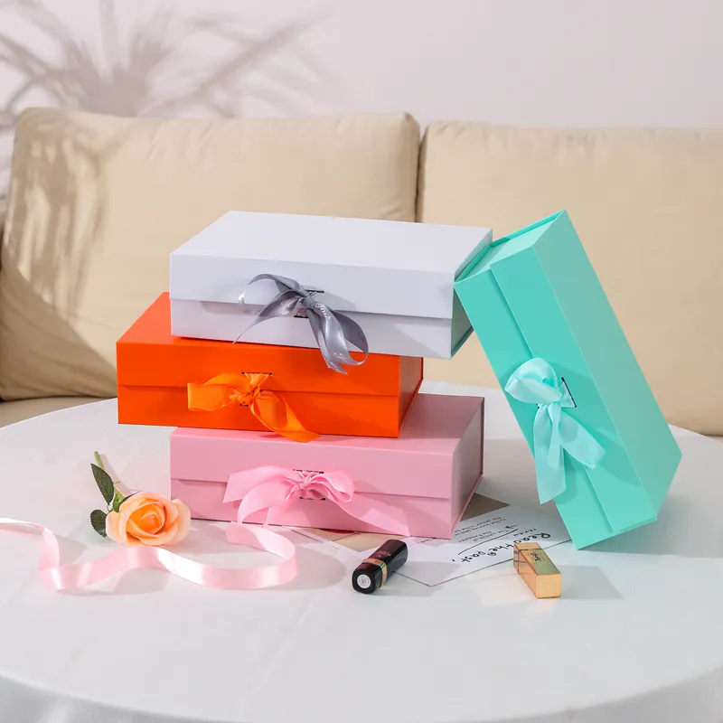 Solid Color Folding Gift Box with Ribbon Bow for Daily Gifts