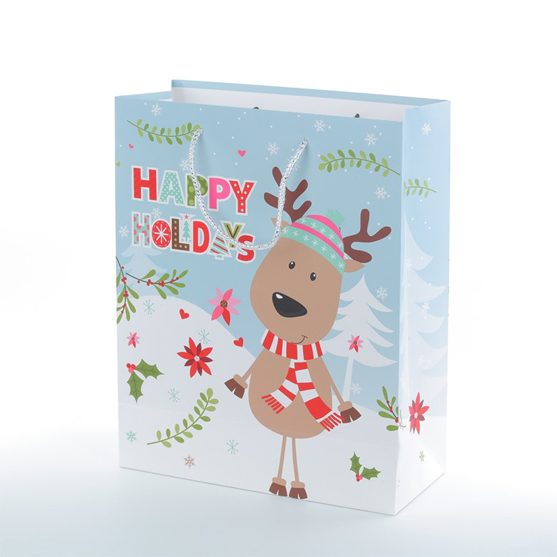Wholesale Christmas Cute Cartoon Deer Glittering Finishing Gift Paper Bag With Handle