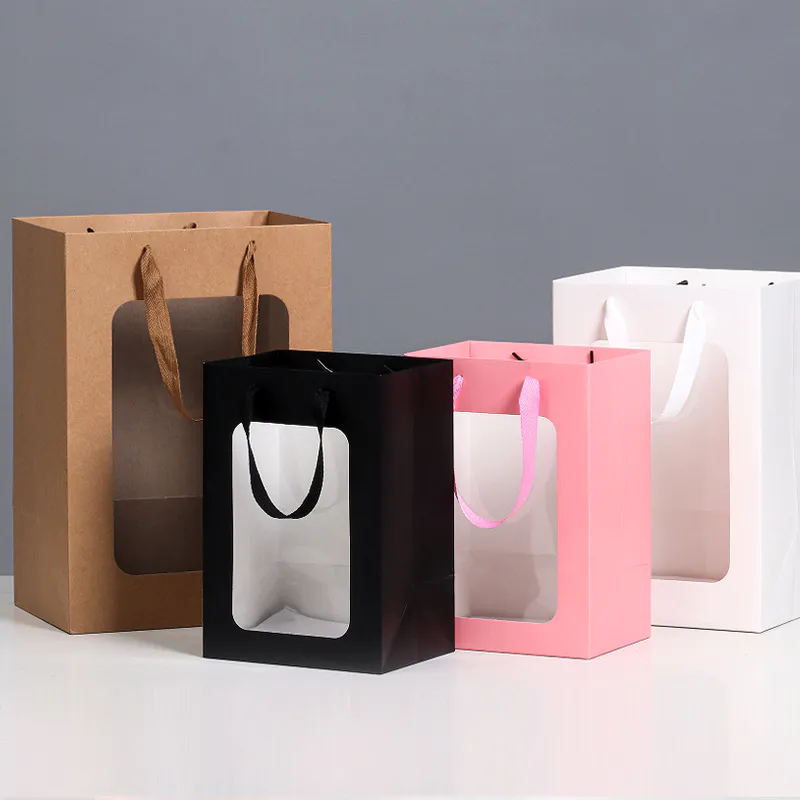 Customize Paper Gift Bags Packaging with transparent pvc Window&ribbon handle