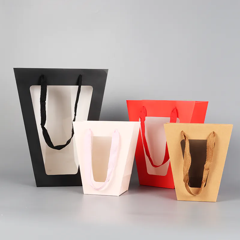 In stock trapezoidal transparent window paper bags for flower gift packaging wholesale