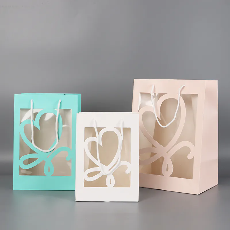 Hot Selling Valentine's Day Gift Bag Shopping Paper Bag With Pvc Window Ivory Paper