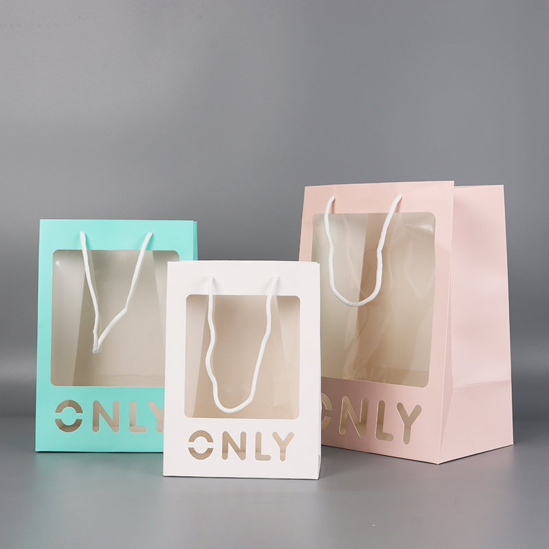 Hot Sale Shopping Gift Bag Ivory Paper Pvc Window With Special Color Pringting